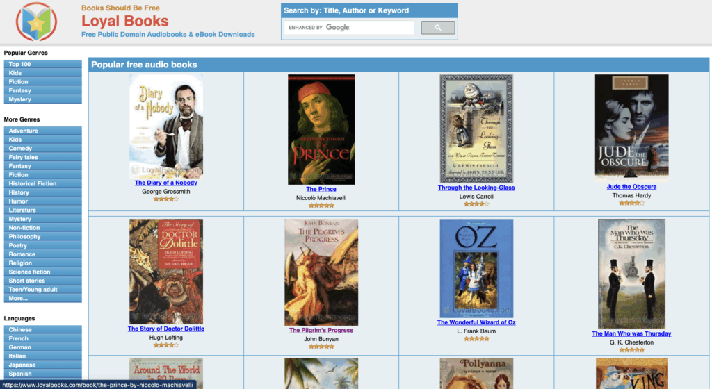 Capture d'écran du site Loyal Books