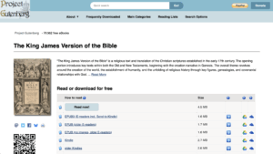 Capture d’écran du site Gutenberg sur un classique au format électronique la Bible King James 